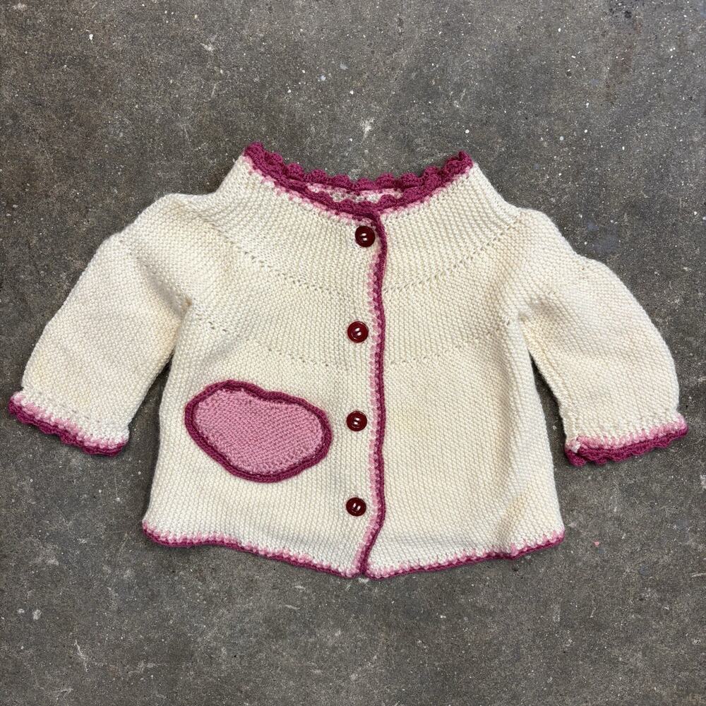 Hand Knit Baby Cardigan Newborn 0–3M Cream Pink Heart Boho Valentine Artisan